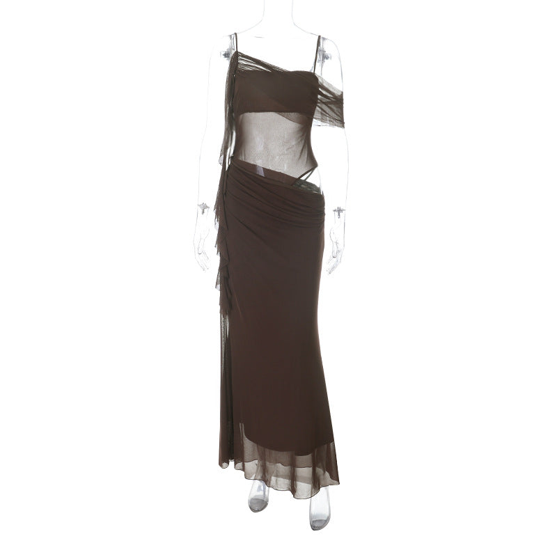 Damen elegantes Abendkleid mit raffinierten Rüschendetails und transparenten Einsätzen Drune