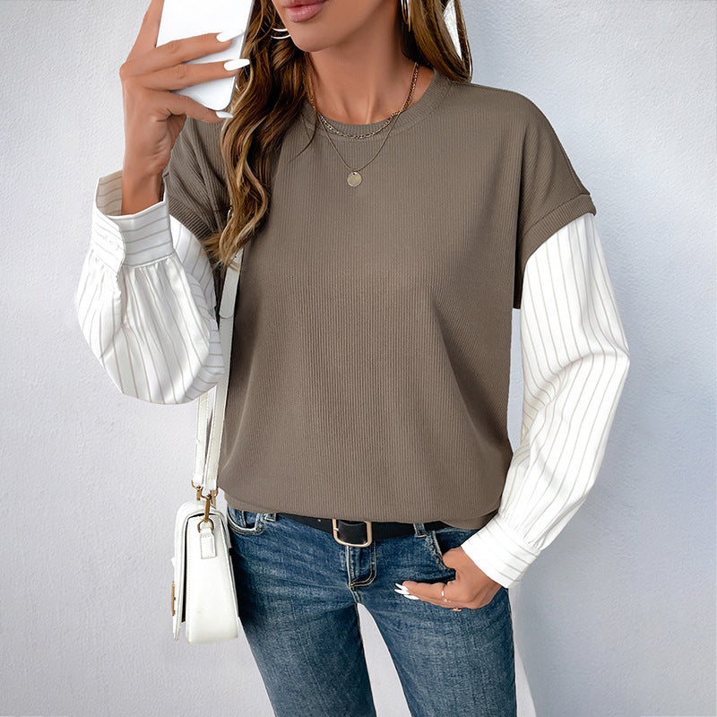Damen Casual-Longsleeve mit Rippoberteil & gestreiften Blusenärmeln Drune