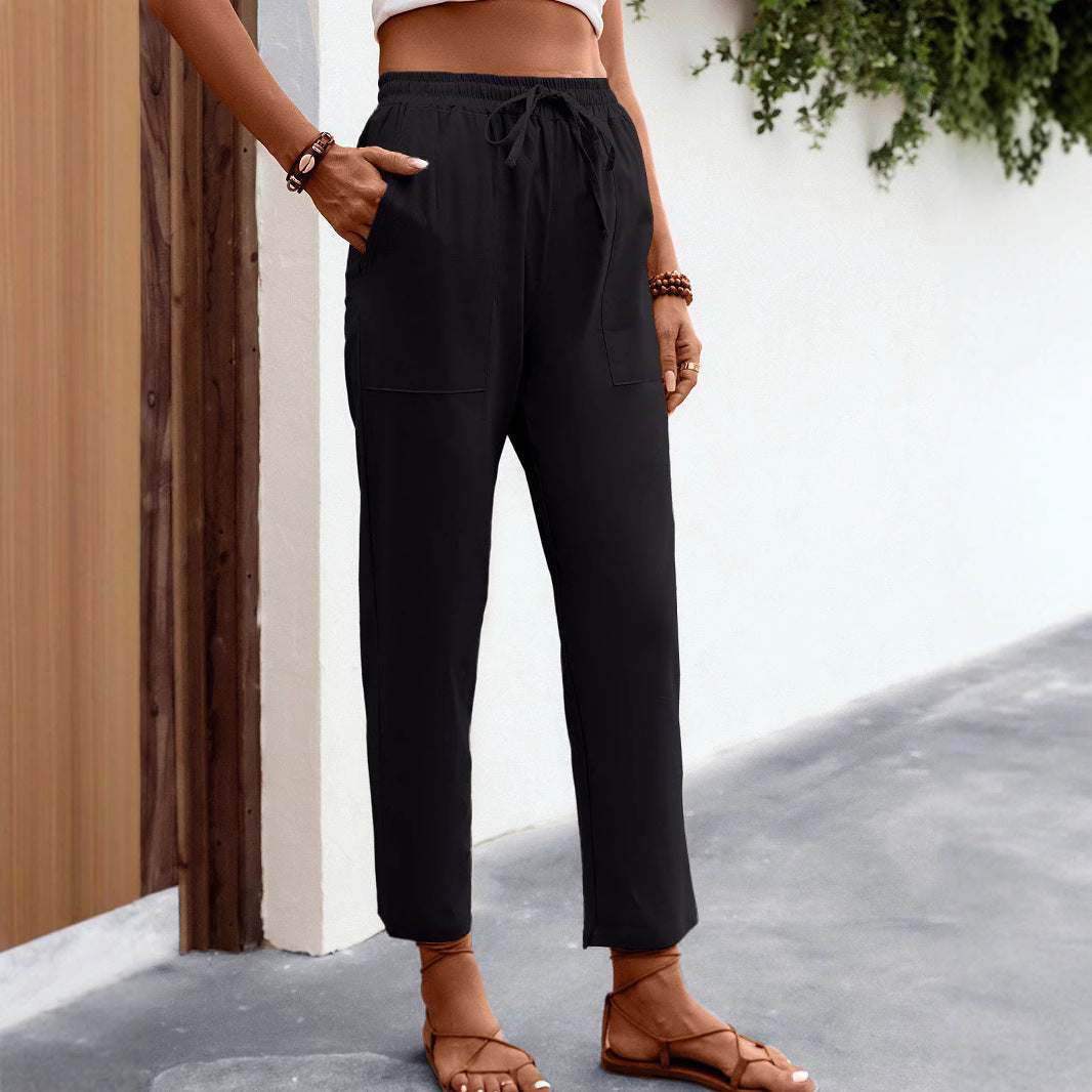 Damen Leichte High‑Waist Chino‑Hose mit Tunnelzug, aufgesetzten Taschen und gekürztem Knöchel‑Schnitt Drune