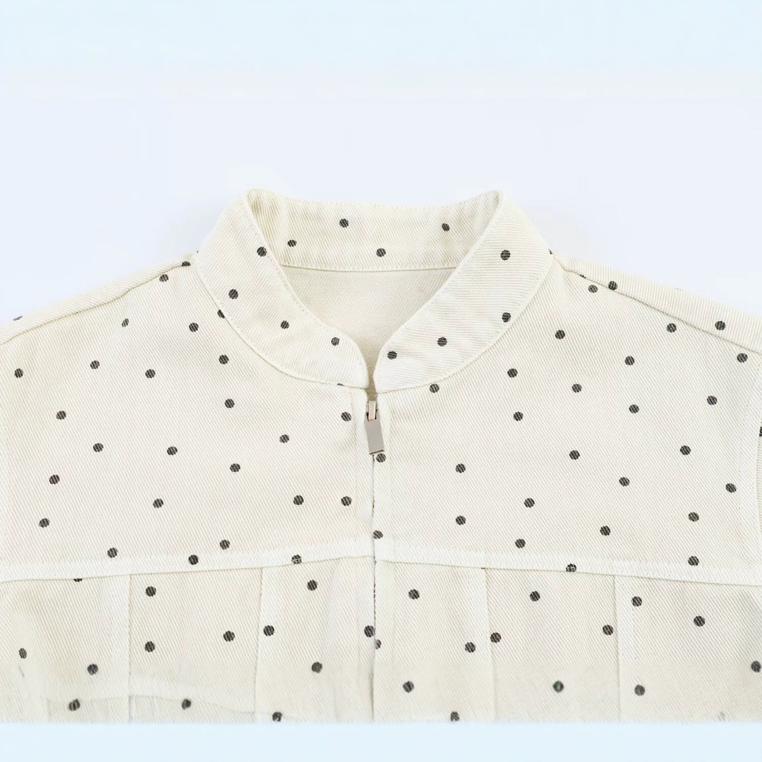 Damen Gepunktete Cropped-Jacke mit Stehkragen, Reißverschluss und aufgesetzten Taschen Drune