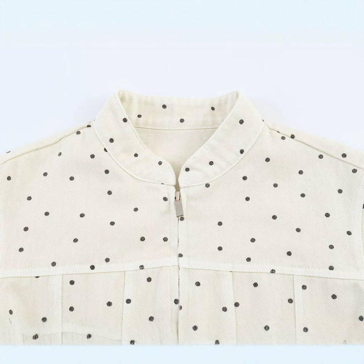 Damen Gepunktete Cropped-Jacke mit Stehkragen, Reißverschluss und aufgesetzten Taschen Drune