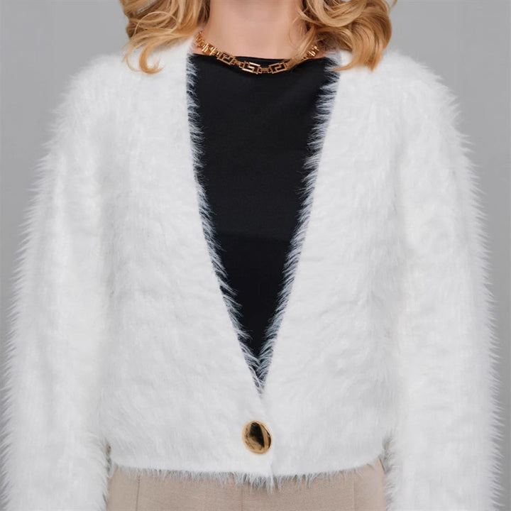 Damen Kurze flauschige Kunstfell-Cardigan mit offenem Schnitt und Raglanärmeln Drune