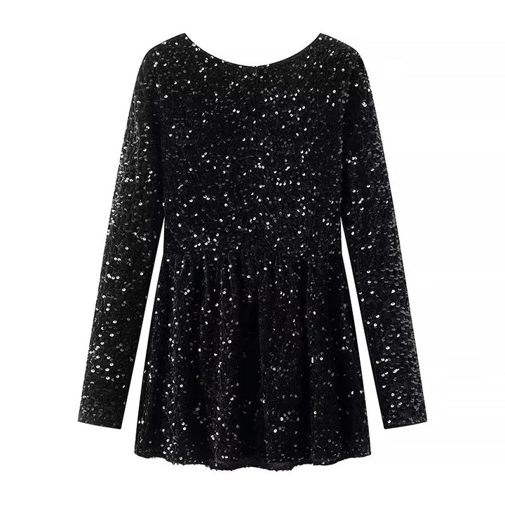Damen nan Samt-Pailletten-Peplumshirt mit weitem ausgestelltem Saum und langem Arm Drune