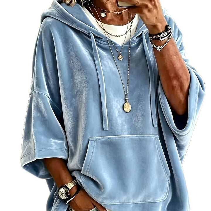 Damen Oversize Samt-Hoodie mit halblangen Ärmeln und Kängurutasche Drune