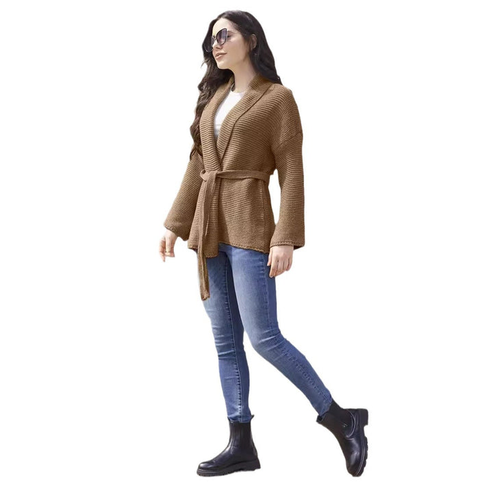 Damen lässiger Strickcardigan mit Taillengürtel und Schulternähten Drune