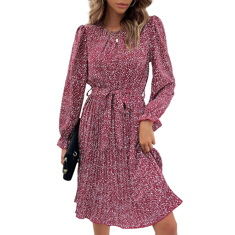 Damen Midi-Kleid mit Taillengürtel und Punkten Drune