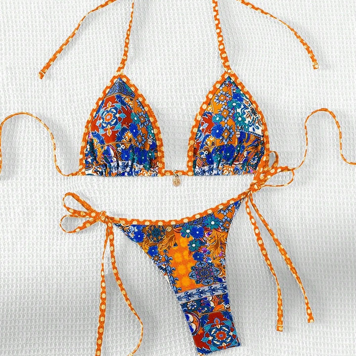 Damen Triangel-Bikini mit buntem floralen Muster und verstellbaren Bändern Drune