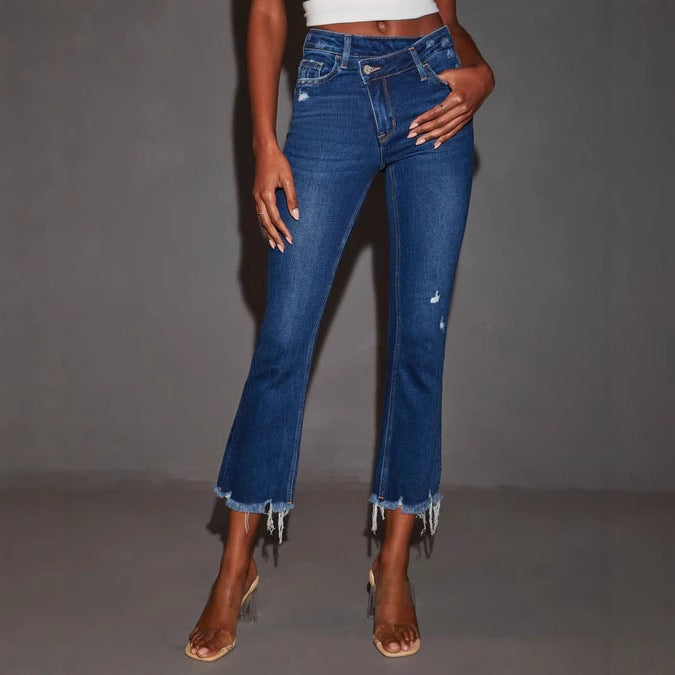 Damen Flared Jeans mit fransendem Saum und lässigem Destroyed-Effekt Drune