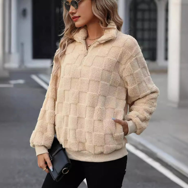 Damen Oversize Fleece-Pullover mit Zipper und Struktur Drune