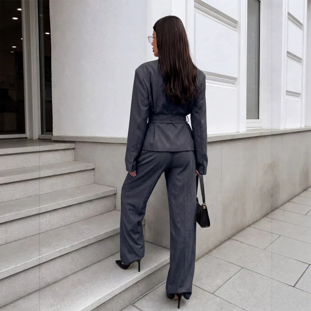 Damen Elegantes Wickelblazer-Set mit Taillengürtel und weiter Bundfaltenhose Drune
