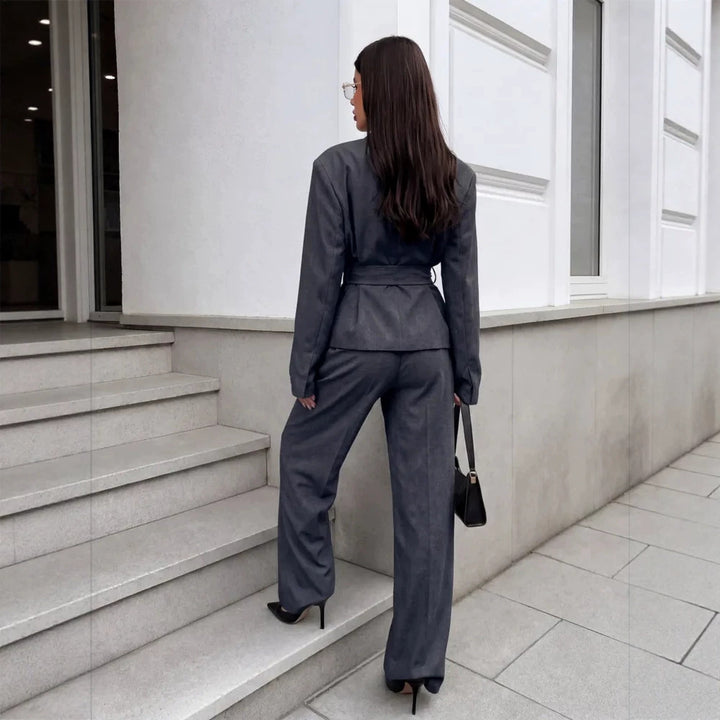 Damen Elegantes Wickelblazer-Set mit Taillengürtel und weiter Bundfaltenhose Drune