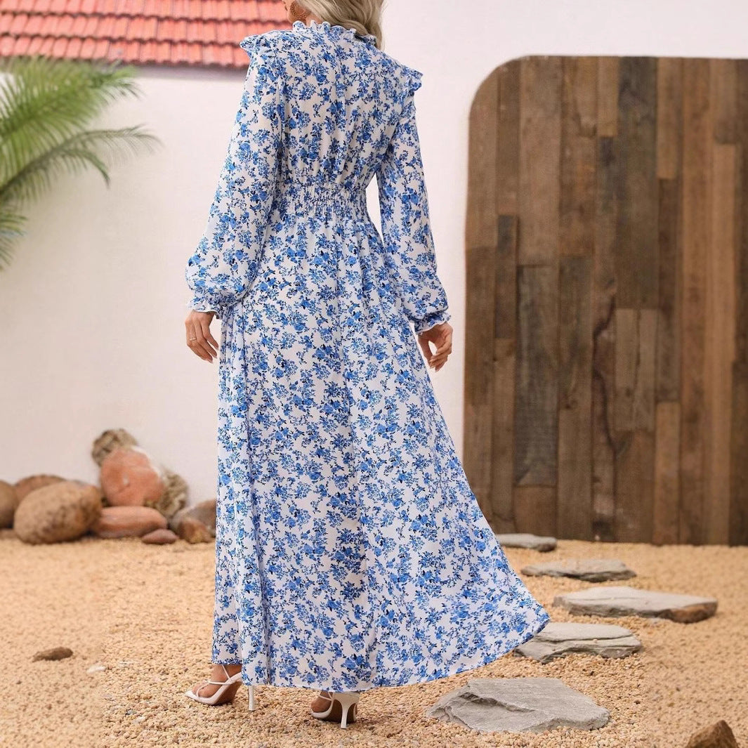 Drune | Floral Lange Ärmel Elegantes Frauen Lang Kleid