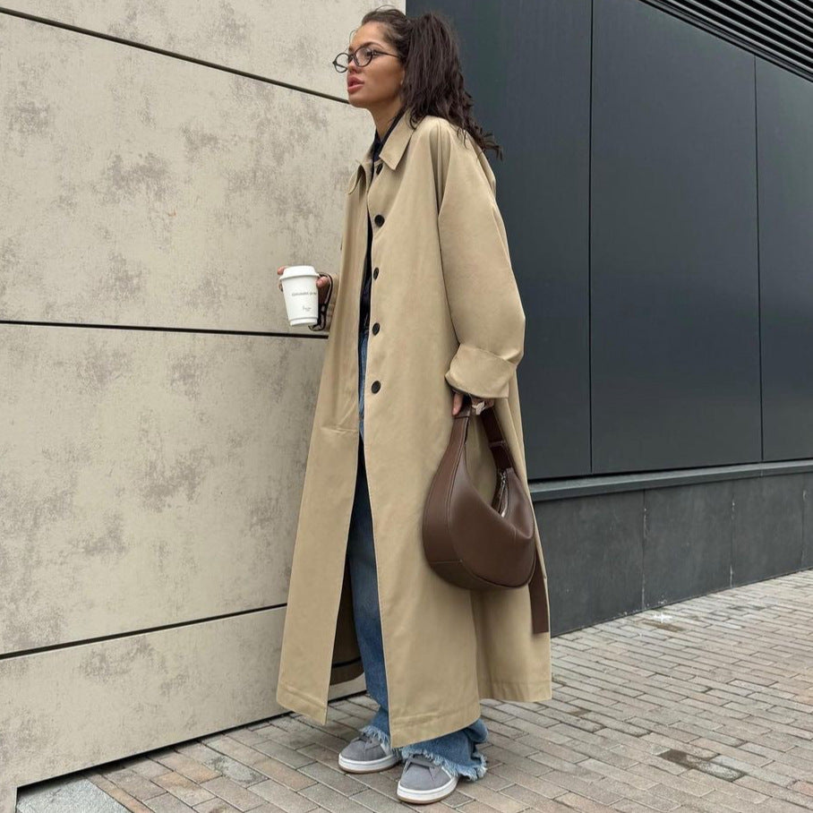 Damen Lange und elegante Trenchcoat-Jacke aus wasserabweisendem Material Drune