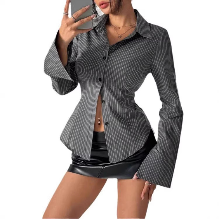 Damen Taillierte Nadelstreifen-Bluse mit ausgestellten Manschetten Drune