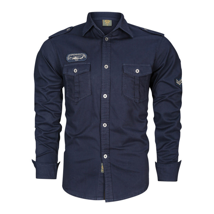 Herren nan tailliertes Fieldhemd aus Baumwoll-Twill mit Schulterklappen, Brustpatten und gestickten Abzeichen Drune