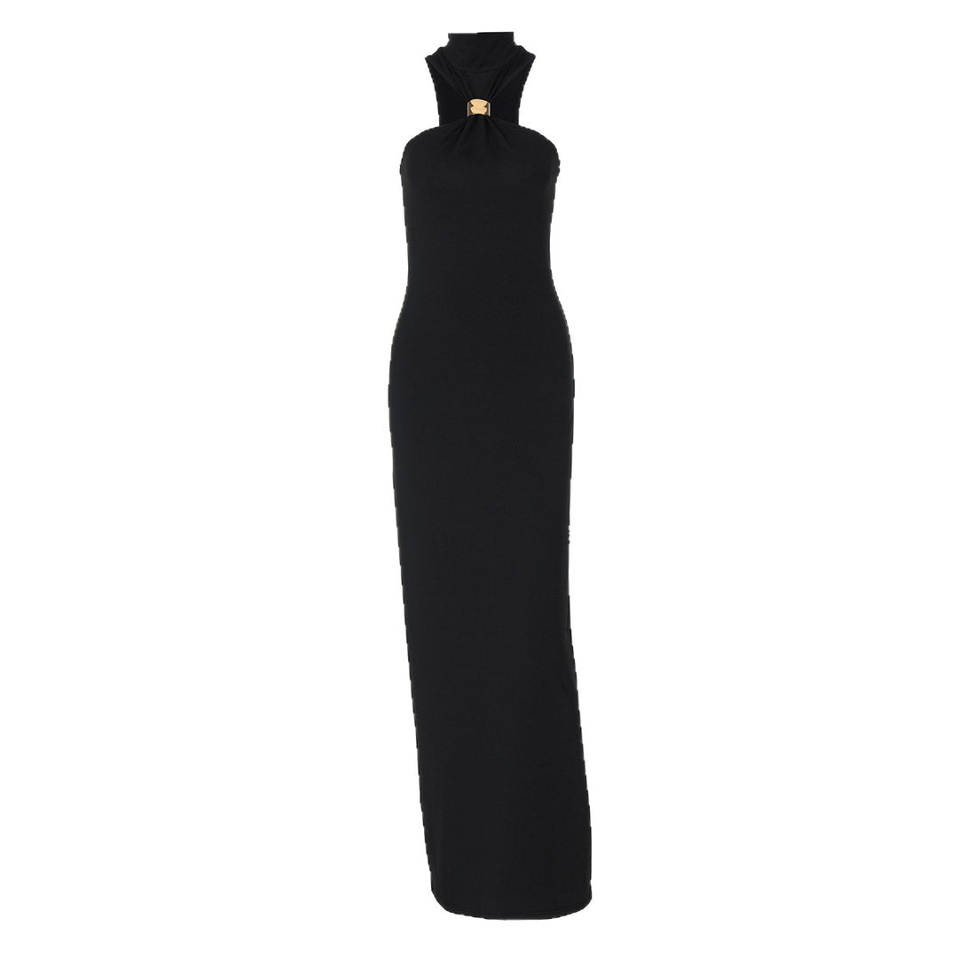 Damen elegantes langes Abendkleid mit halbem Kragen und edlen Akzenten Drune