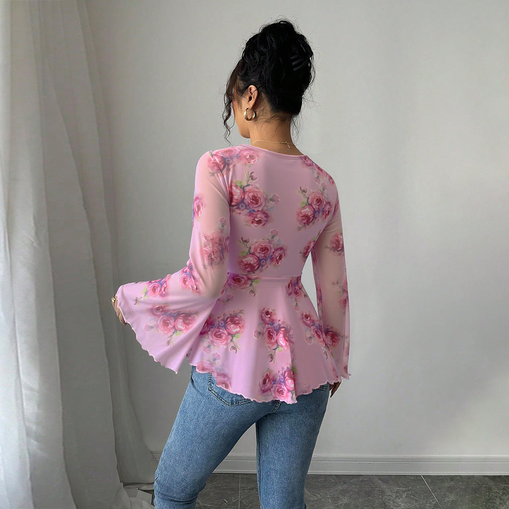 Damen florales Chiffon-Top mit Bindeschleife, Herzausschnitt, ausgestellten Glockenärmeln und tailliertem Schößchen Drune