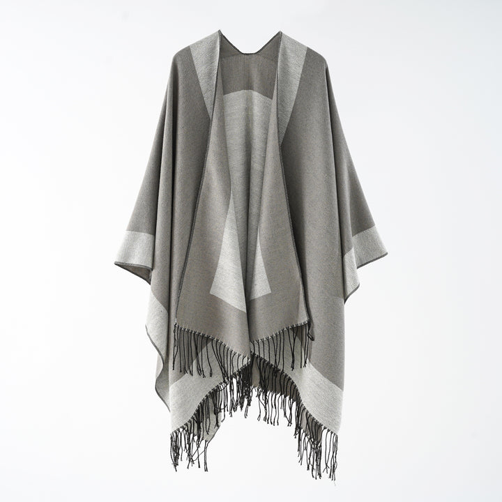 Damen Oversize-wendbarer Capeponcho aus Wollmix mit Fransen Drune