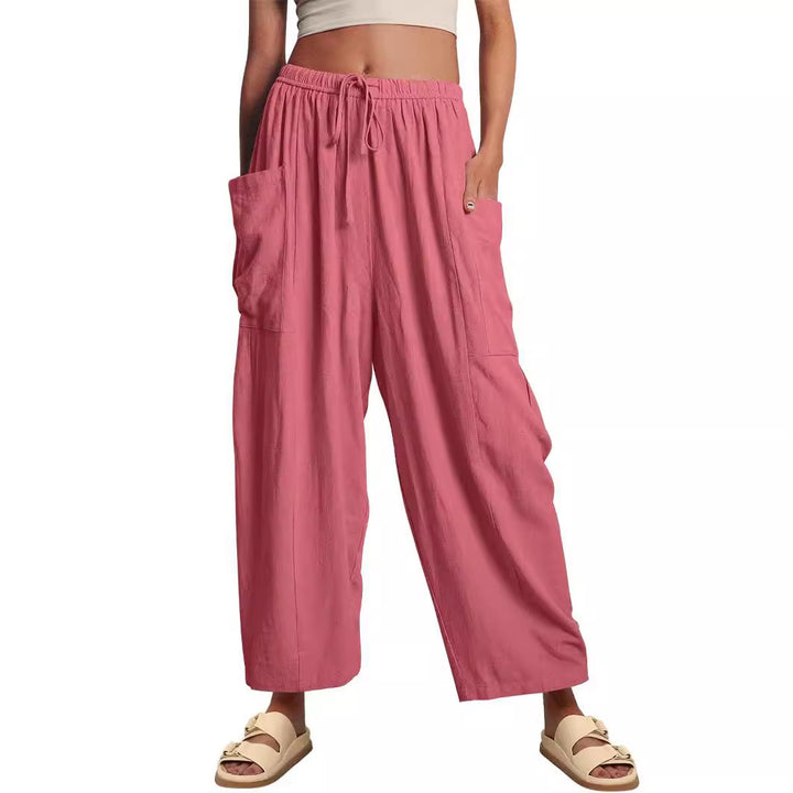Damen nan weite Palazzohose aus leichtem Leinenmix mit Tunnelzug und seitlicher Tasche Drune