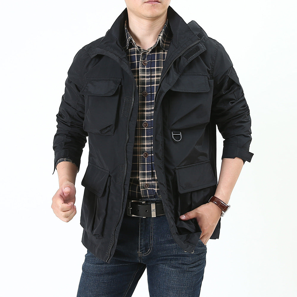 Herren urbane Feldjacke mit Mehrfach‑Taschen, windabweisender Oberfläche und verdeckter Kapuze Drune