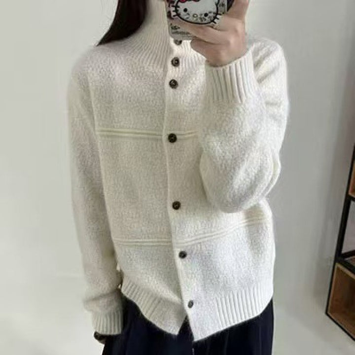 Damen Strickjacke mit hohem Kragen und Knopfdetails Drune