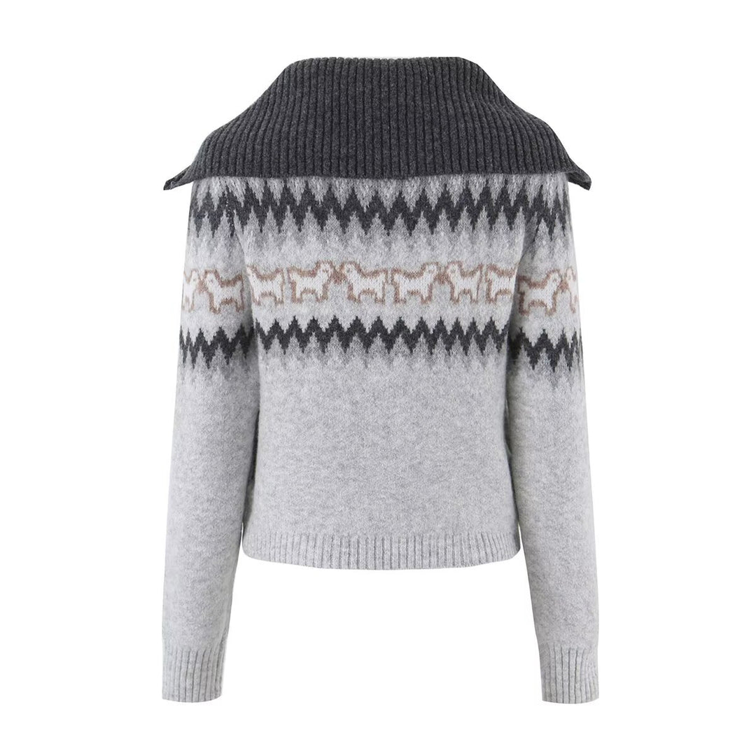 Damen Gestrickte Zip-Cardigan mit Norwegermuster und extra breitem Umlegekragen Drune