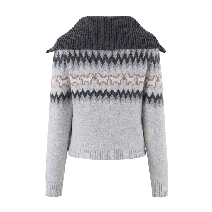 Damen Gestrickte Zip-Cardigan mit Norwegermuster und extra breitem Umlegekragen Drune