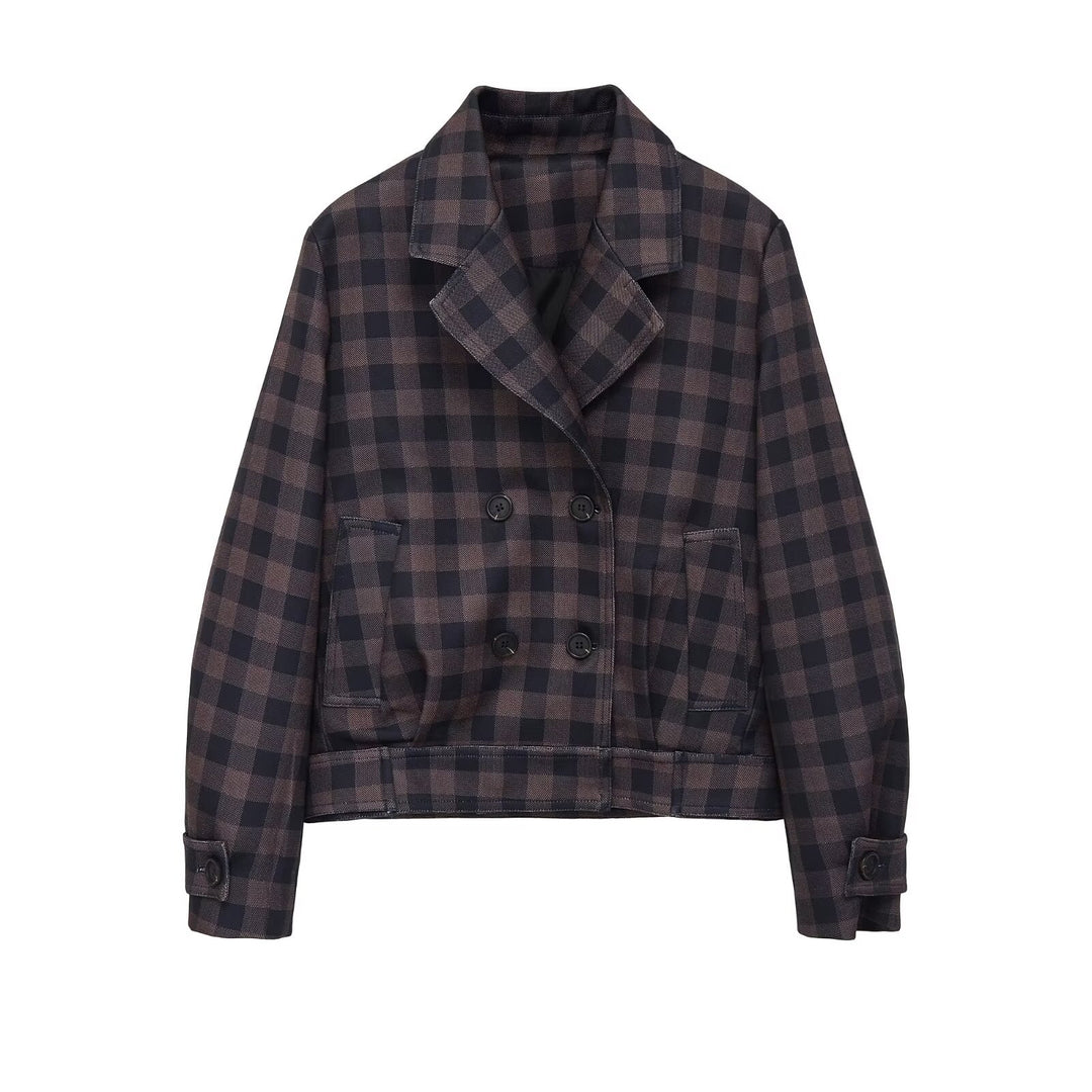 Damen Kurze Doppelreiher-Jacke im Karo-Design mit Reverskragen und Taillenbund Drune