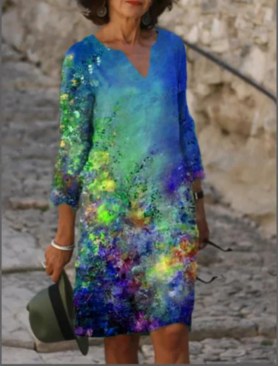 Damen Sommerkleid mit V-Ausschnitt und buntem Grafikdesign Drune