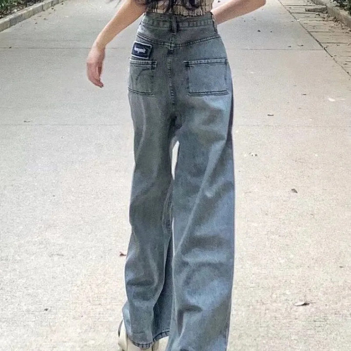 Damen Weit geschnittene Denim-Hose mit hohen Taschen und vintage Waschung Drune