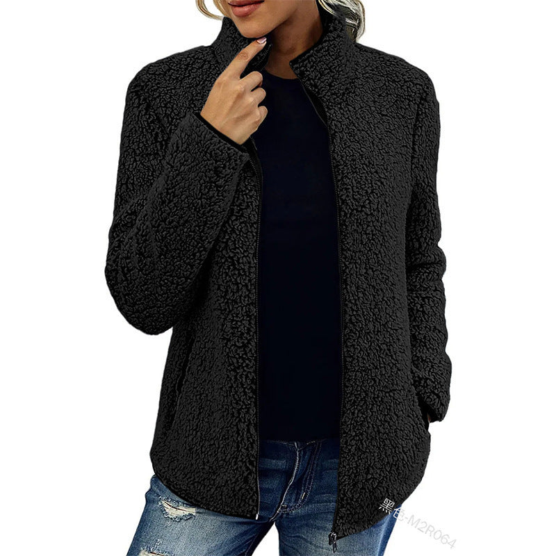 Damen flauschige Fleecejacke mit hohem Kragen und seitlichen Taschen Drune