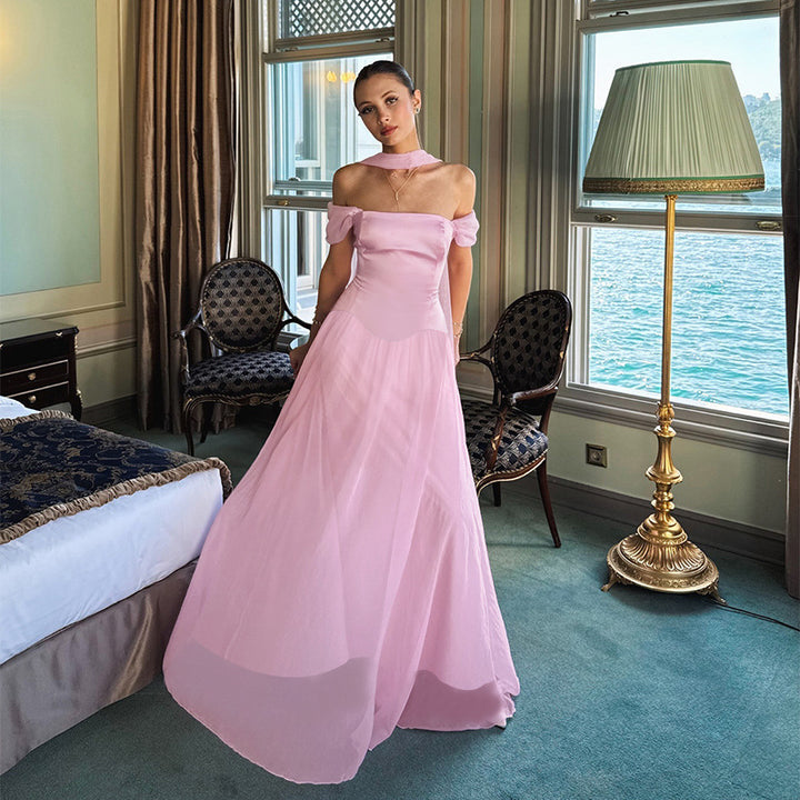 Damen Elegantes Abendkleid mit schulterfreien Puffärmeln und Choker Drune