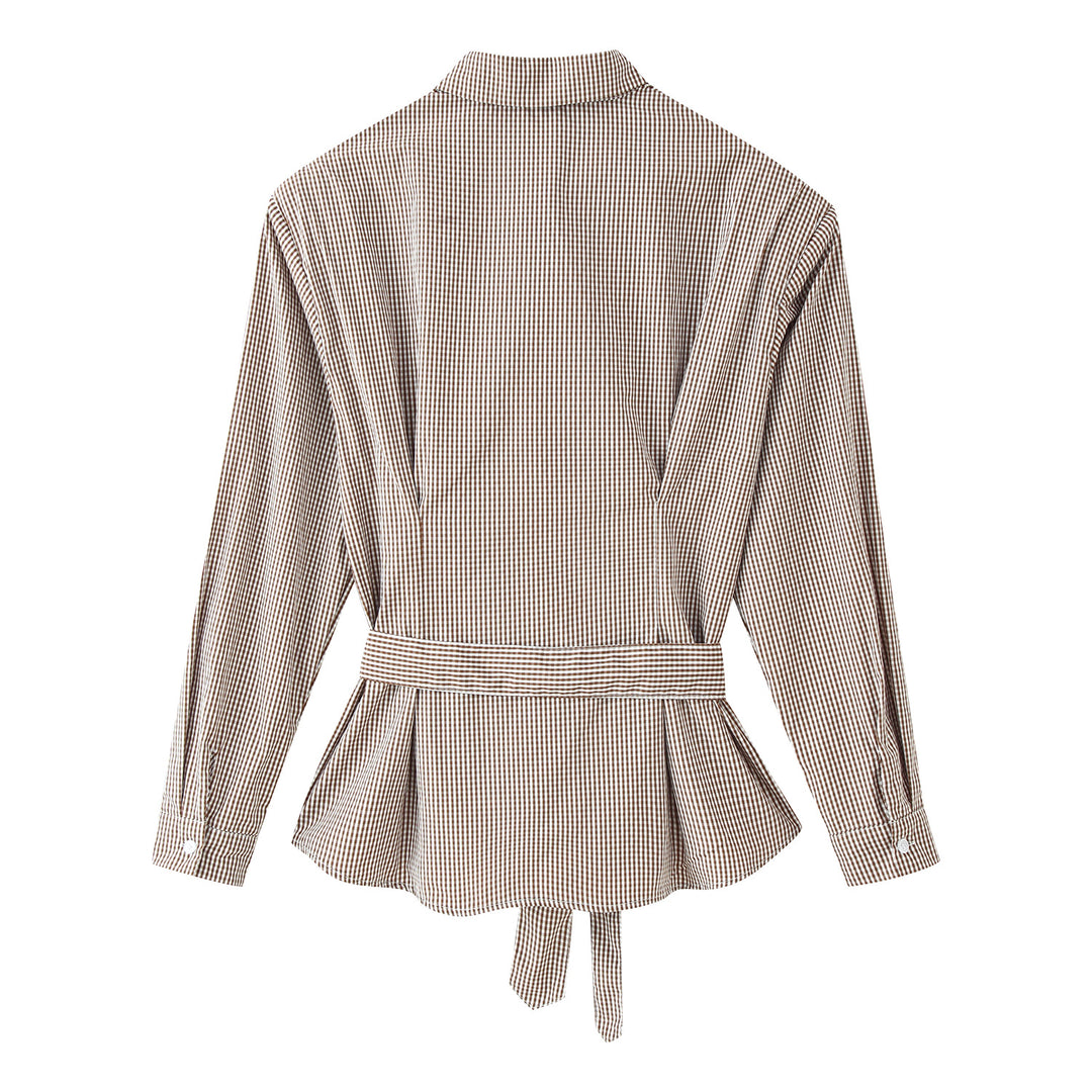 Damen Karo-Hemdbluse mit Taillengürtel und ausgestelltem Volant-Saum Drune