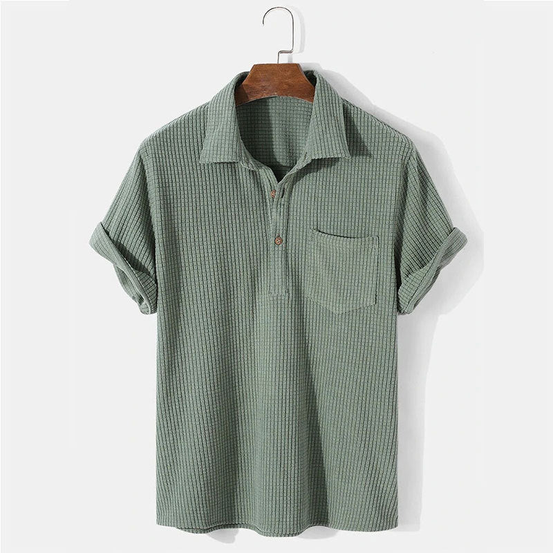 Herren nan Waffelstrick-Polo mit Hemdkragen, kurzer Knopfleiste und Brusttasche Drune
