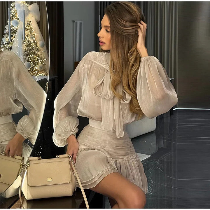 Damen Elegantes Mini-Kleid mit Schluppenkragen Drune