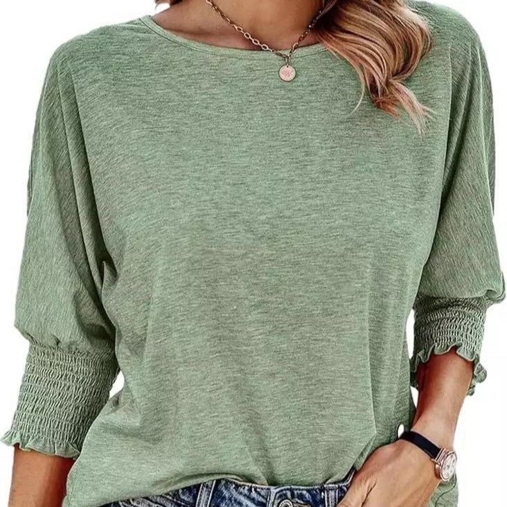 Damen lässiges T-Shirt mit voluminösen Puffärmeln und elastischem Bund Drune