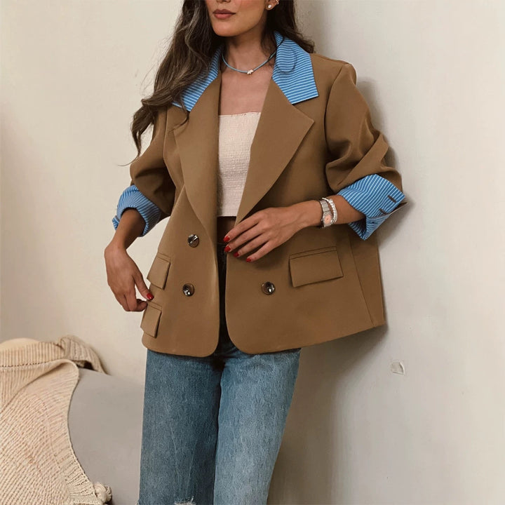 Damen Oversize-doppelreihiger Blazer mit kontrastkragen & aufschlagärmeln Drune