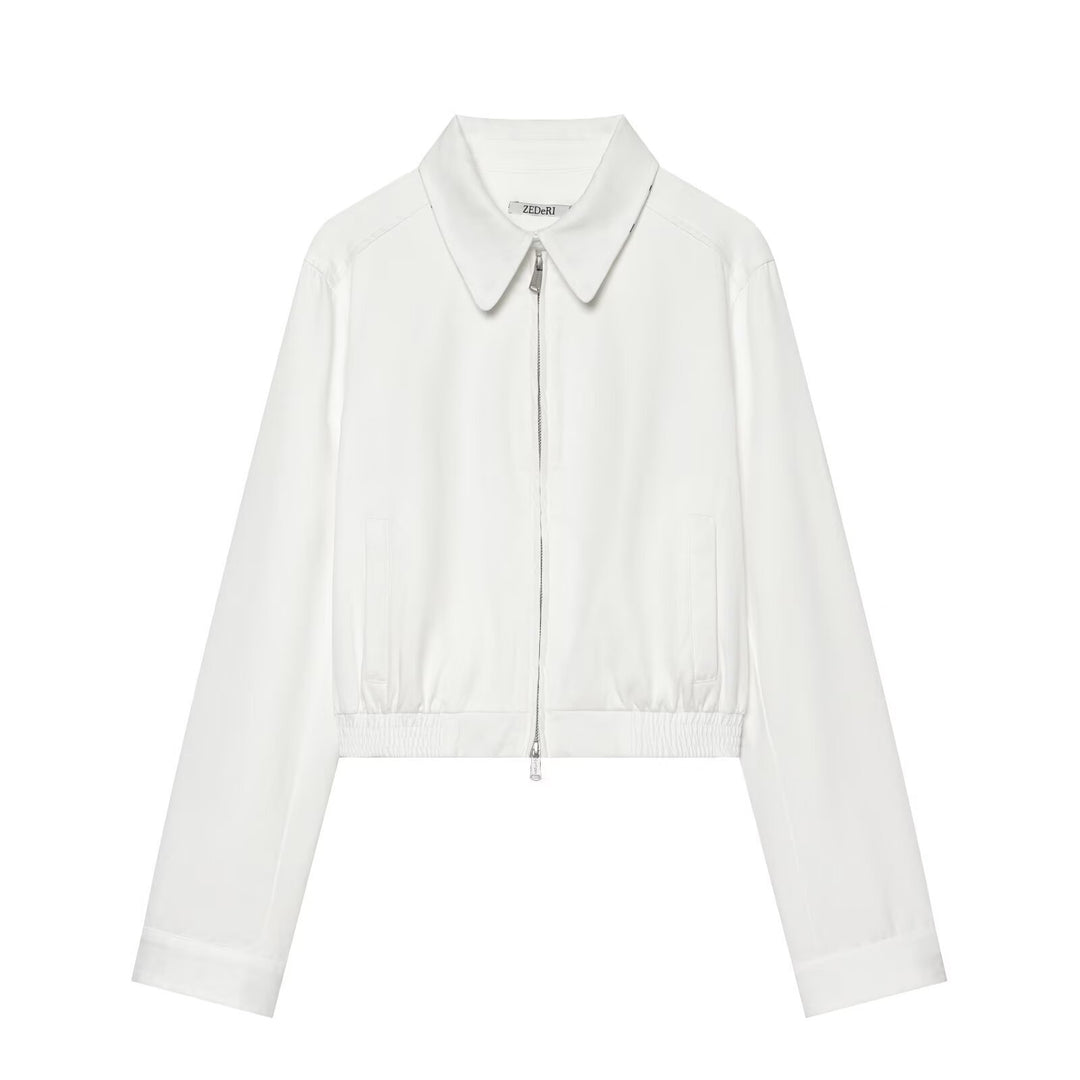 Damen Cropped Blousonjacke mit Hemdkragen, Zwei-Wege-Reißverschluss und elastischem Bund Drune
