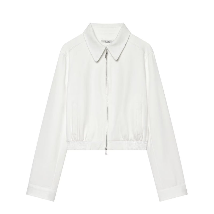 Damen Cropped Blousonjacke mit Hemdkragen, Zwei-Wege-Reißverschluss und elastischem Bund Drune