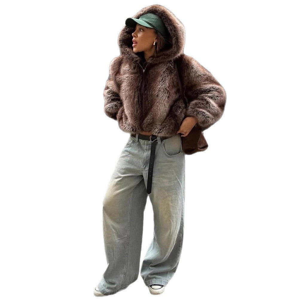 Damen Boxy-Kunstfell-Hoodie mit voluminöser Kapuze und lockerer Silhouette Drune