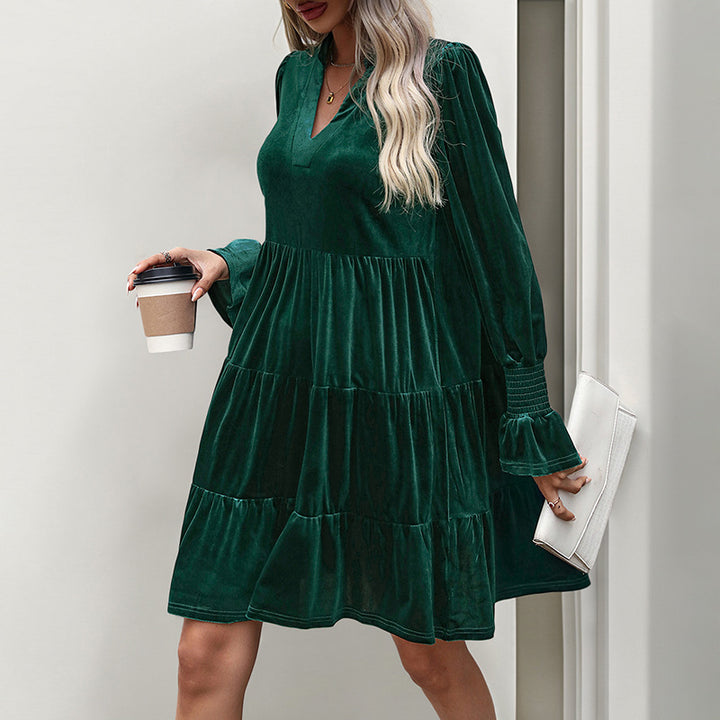 Damen Samt-Stufenkleid mit V-Ausschnitt, geraffter Passe und ballonärmeln Drune