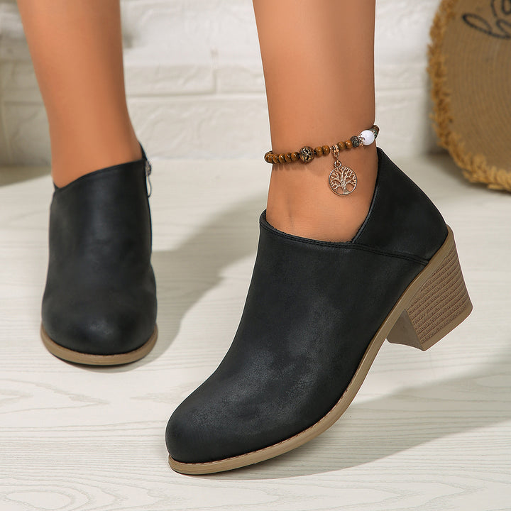 Damen kurze Stiefelette mit seitlichem Reißverschluss gepolstertem Komfortfußbett und stabilem Blockabsatz Drune