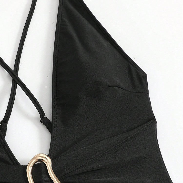 Damen Einteiler Badeanzug mit tiefem V-Ausschnitt und stilvollem Ringdetail Drune