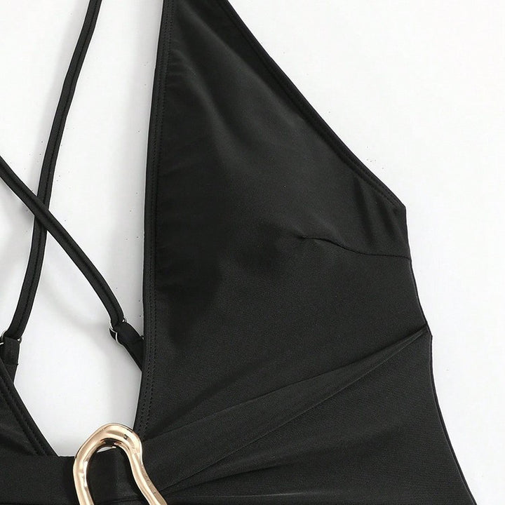 Damen Einteiler Badeanzug mit tiefem V-Ausschnitt und stilvollem Ringdetail Drune