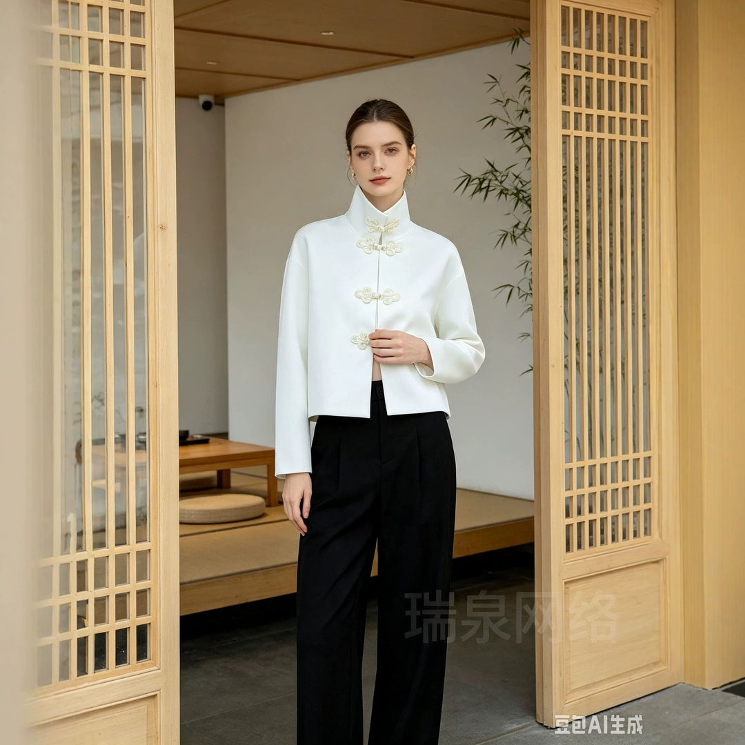 Damen Cropped-Jacke im Mandarin-Stil mit dekorativen Froschverschlüssen und kastigem Schnitt Drune