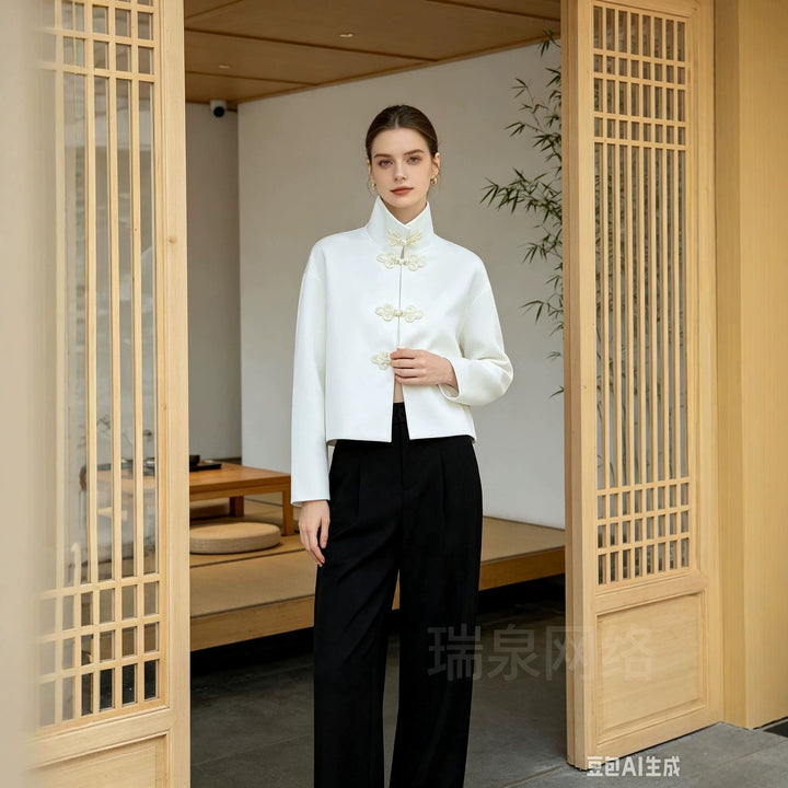 Damen Cropped-Jacke im Mandarin-Stil mit dekorativen Froschverschlüssen und kastigem Schnitt Drune