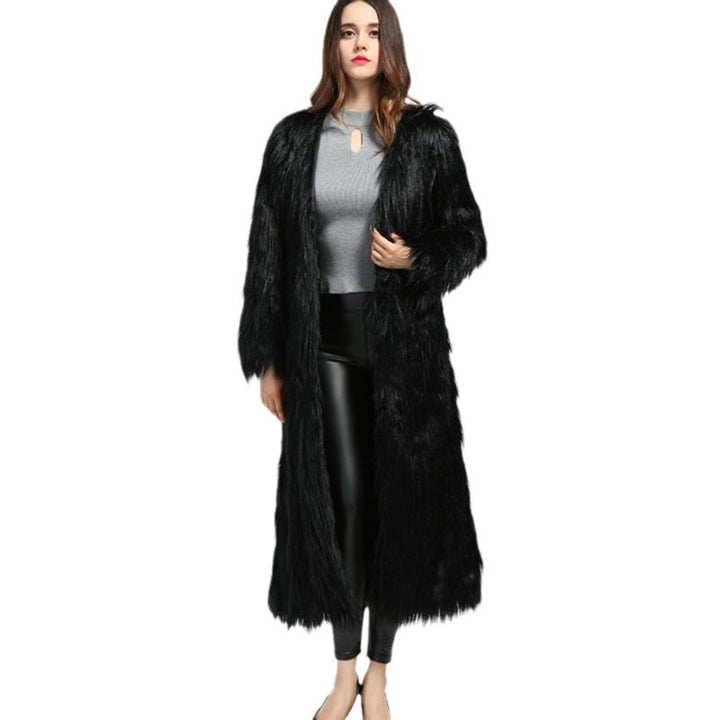 Damen extravaganter bodenlanger Hochflor-Faux-Fur-Mantel mit Schleppe und offenem Schnitt Drune