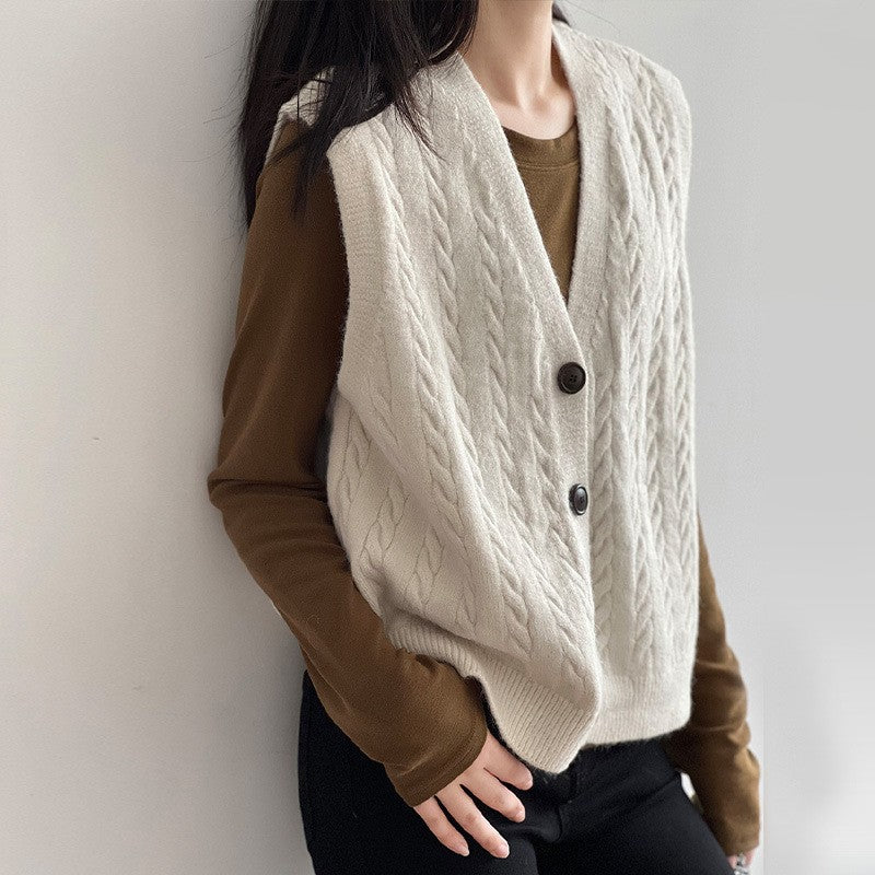 Damen elegante Strickweste mit Zopfmuster und Knopfdetails Drune