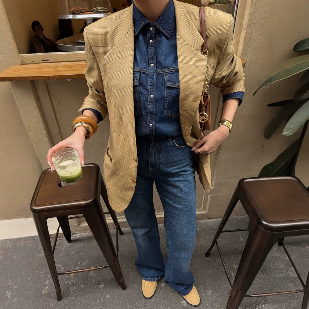Damen Oversize Glencheck-Blazer im kastigen Boxy‑Schnitt mit markanter Schulterpartie Drune