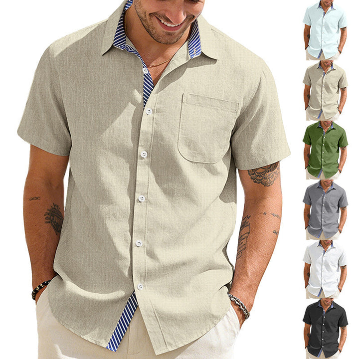 Herren nan Business-Casual Kurzarmhemd mit gestreiftem Kragenfutter und Brusttasche Drune